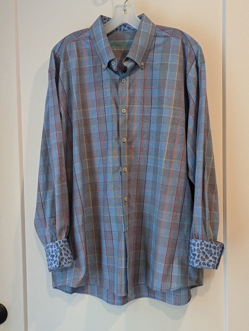 Alan Flusser Mens XL Blue Plaid Long Sleeve Button Up Shirt Paisley Neck...